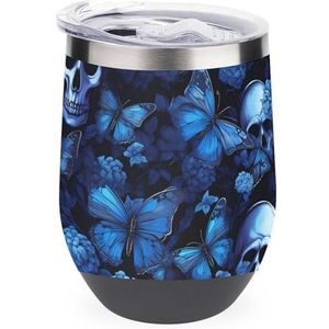Blauwe vlinder met schedels geïsoleerde beker met deksel schattige roestvrijstalen koffiemok duurzame theekop reismok zwarte stijl