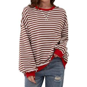 TERIVEEK 2000 Oversized sweatshirt voor dames met lange mouwen en ronde hals, casual gestreepte trui met losse pasvorm, Bruin, M