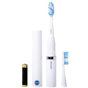 Sonisk Pulse | Elektrische tandenborstel op batterijen | Draagbaar reisformaat met antimicrobiële sonische technologie | 1x batterij, 2x opzetborstels, 1x reiskoffer inbegrepen (puur wit)