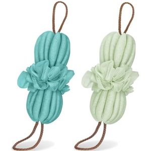OneTreeTime 2 stuks baddouche loofah-spons, lange rekbare rugspons exfoliërende rugscrubber voor douche voor dames en heren (marine+groen)