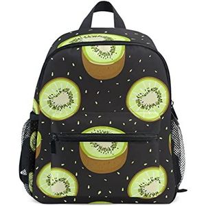 Fruit Kiwi Cartoon Zwarte kleine rugzak kinderen lichtgewicht boekentas kleuterschool schoolrugzak voor 1-6 jaar reizen meisjes jongens, Patroon., Medium