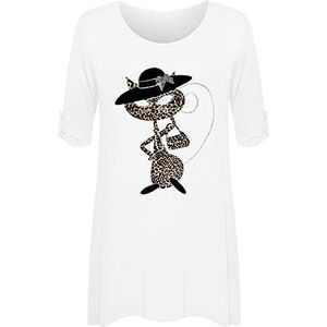 FASHION 7STAR Womens kat dier print diamant uitlopende tops dames korte mouw kat hoed bezaaid baggy shirts top, Kleur: wit, 44 NL