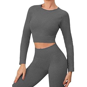 Buscando Womens Gym Sets 2 Stuk Lange Mouw Workout Crop Top Tank Geribbelde Hoge Taille Naadloze Leggings Trainingspakken Activewear Yoga Outftis, Grijs, M