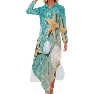 Zeester en zeeschelp op het strand dames maxi-jurk lange mouwen knopen hemdjurk casual feest lange jurken XL
