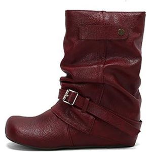 Retro Western Cowboylaarzen For Dames Brede Schacht Ankle Boots PU Leren Enkellaarsjes Instapschoenen Met Lage Hak 2025 Dames Enkelschoenen Met Metalen Gesp, 35-43EU(Red,43 EU)