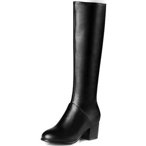 Dames Kniehoge Laarzen Elegante Lange Schachtlaarzen Met Blokhak PU-leer Ridderlaarzen Met Ritssluiting Pluche Gevoerde Snowboots Winter Warme Katoenen Schoenen (Color : Black, Size : 43 EU)