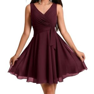 WSEYU Chiffon bruidsmeisjesjurk voor dames, met riem, galajurken, plooien, cocktailjurk, grote maten, Bordeaux, 32