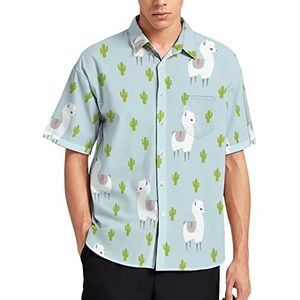 Llama Alpaca And Cactus T-shirt met korte mouwen voor heren, casual knoopsluiting, zomer, strandtop met zak