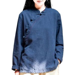 2024 Retro Etnische Stijl Chinese Tops Vrouwen Plus Size Traditionele Hanfu Blouse Losse Casual Katoenen Linnen Shirt (Color : Dark blue, Size : 3XL)