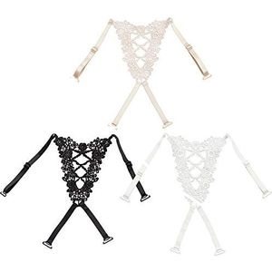 Metyou 3Pcs Kant BH Bandjes Vlinder Bloem Kruis Terug BH Schouder Mode Sexy Strap Bandage Wrapped Borst Crop Tops Vest, Zwart Beige Wit, one size