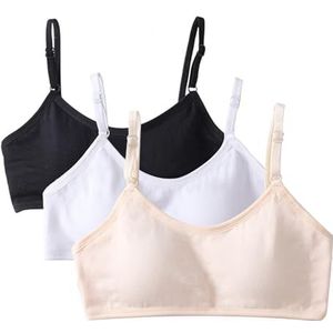 SEFIRST 3 stuks sportbeha's voor meisjes en tieners, vaste gevoerde en verstelbare schouderriem, bustier, bralette top, product_type: bustier voor 10-14 jaar (zwart, wit, huidskleur)