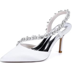 KYEGLO Satijnen Damessandalen Met Spitse Neus En Riempje - Gesloten Neus, Naaldhak Met Strass-Steentjes, Feestelijke Bruiloftsschoenen, Cadeaus Voor Dames,Wit,36 EU
