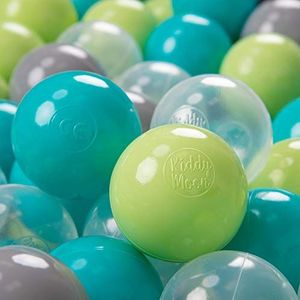 KiddyMoon 200 ∅ 7cm kinderballen speelballen voor ballenbad baby plastic ballen made in eu, turquoise/lichtgroen/grijs/transparant