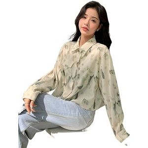 dames topjes Tie Dye overhemd met verlaagde schouder en flapdetail for dames - Casual overhemd met losse pasvorm en knoopsluiting aan de voorkant, lange mouwen (Color : Khaki, Size : L)