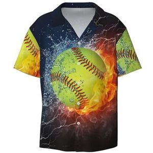 Oranje Softbal Baseball Op Brand en Water Print Heren Casual Button Down Shirts Korte Mouw Jurk Shirts Atletische Slim Fit Korte Mouw, Zwart, XXL