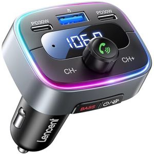 LENCENT Bluetooth 5.4 FM Transmitter Auto Bluetooth Adapter, 60 W PD 30 W Dual USB-C snellaading, Auto Music Adapter, Handsfree, 7-kleurige LED-achtergrondverlichting en USB-stick