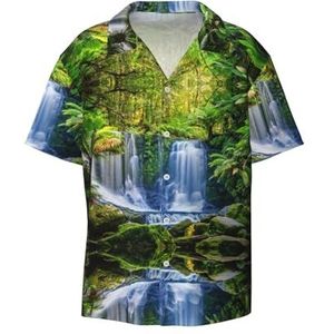 TyEdee Groene tropische planten en waterval print heren korte mouw jurk shirts met zak casual button down shirts business shirt, Zwart, XXL