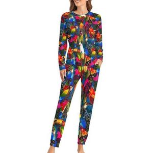 Parrot Party Gedrukt Zachte Dames Pyjama Lange Mouw Warm Fit Pyjama Loungewear Sets met Zakken XS