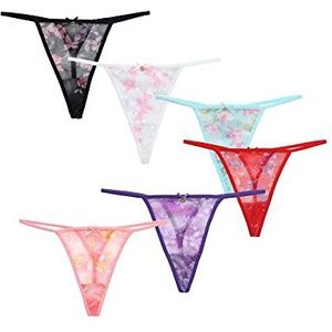 TTPSRY G-string strings, 6 stuks voor vrouwen, sexy string, ondergoed, bloemengaas, bikinibroekje, katoen, laagbouw, taille voor dames, T-back slipje, multipack, Verpakking met 6 kleuren, S