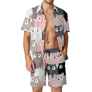 Leuke Roze Kat Mannen Hawaiiaanse Bijpassende Set 2 Stuk Outfits Button Down Shirts En Shorts Voor Strand Vakantie