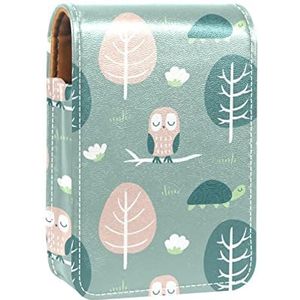 Schattige handgetekende groene boom en mooie uil lipgloss houder lippenstift case draagbare make-up tas reizen lippenstift organizer case met spiegel mini lippenstift opbergdoos voor vrouwen