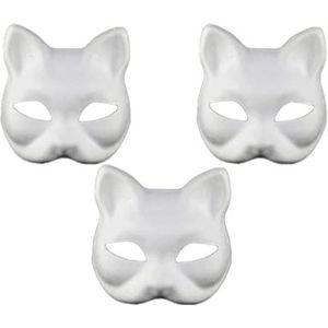 DIY lege maskers overschilderbaar papieren masker witte kat half papier Mache kunstmaskers dier effen maskerade maskers voor feest DIY creativiteit en Halloween cosplay accessoires (3 stuks)