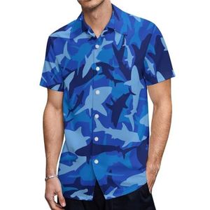 Blauwe camouflagehaai heren shirts met korte mouwen casual button-down tops T-shirts Hawaiiaanse strand T-shirts XS