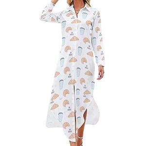 Love Breakfast Bakery Maxi-jurk voor dames, lange mouwen, knoopjurk, casual feestjurk, lange jurk, 2XL