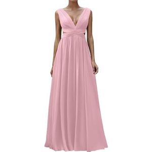 Diepe V-hals Prinses Bruidsmeisjes Jurken Chiffon Galajurken met Split Formele Avondjurk ZM195, Dusty Roze, 32