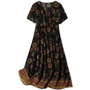 Dvbfufv Dames vintage elegante print korte mouw A-lijn jurk dames zomer eenvoudige losse ronde hals midi-jurken, Zwart, XS