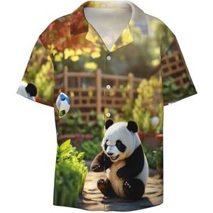 Panda-print herenoverhemden atletisch slim fit korte mouw casual zakelijk overhemd met knopen, Zwart, M