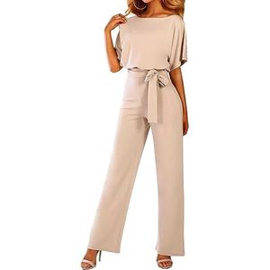 Dagelijkse slijtage Jumpsuits for dames, korte mouwen, ronde hals, riem, casual rechte pijpen, playsuit (Color : Khaki, Size : XL-XLarge)