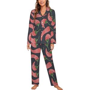 Rode Chili Patroon Vrouwen Lange Mouw Button Down Nachtkleding Zachte Nachtkleding Lounge Pyjama Set 2XL