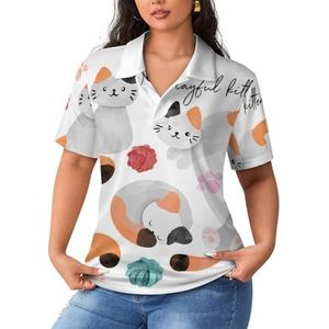 Aquarel Cartoon Kat Dames Poloshirts Korte Mouw Casual T-shirts Met Kraag Golfshirts Sport Blouses Tops L