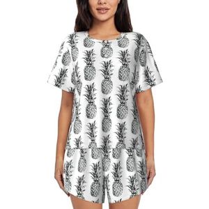 YQxwJL Tropisch Thema Ananas Fruit Patroon Print Vrouwen Pyjama Sets Shorts Korte Mouw Lounge Sets Nachtkleding Casual Pjs Met Zakken, Zwart, L