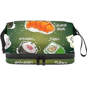 Dubbele Laag Cosmetische Tas Japan Sushi Groene Draagbare Make-up Tas Reizen Organizer Pouch voor Vrouwen Meisjes Toiletartikelen Tassen, Meerkleurig, 27x15x14 cm/10.6x5.9x5.5 in, Make-up zakje