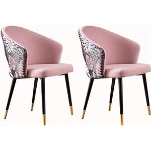 GEIRONV Moderne fluwelen keuken eetkamerstoelen set van 2, met metalen poten geborduurde rugleuning Huishoudelijke make-up stoel Woonkamer fauteuil Eetstoelen (Color : Pink, Size : 43x44x79cm)