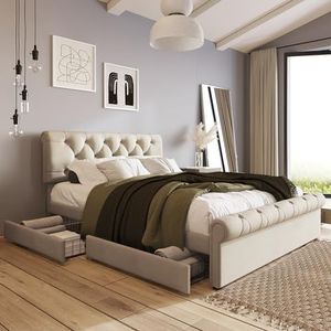 VSOGA Bedframe met 4 laden, tweepersoonsbed, gestoffeerd bed, 140 x 200 cm, in hoogte verstelbaar hoofdeinde, functioneel Chesterfield bed, natuurlijk, zonder matras