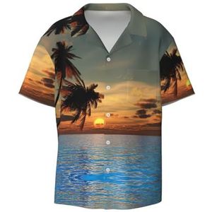 Sunset Palm Tree Ocean Print Heren Korte Mouw Jurk Shirts met Zak Casual Button Down Shirts Business Shirt, Zwart, L