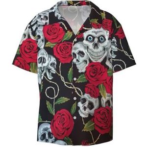 ZEEHXQ Roze Bloem Groep Print Mens Casual Button Down Shirts Korte Mouw Rimpel Gratis Zomer Jurk Shirt met Zak, Rose Skull Ogen, M