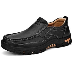 Men's Slip-On Leather Platform Walking Loafers Outdoor Lightweight Non-Slip Soft Sole Hiking Shoes (Color : Black, Size : EU 46)
