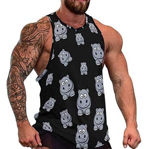 Grijze Hippo Heren Tank Top Grafische Mouwloze Bodybuilding Tees Casual Strand T-Shirt Grappige Gym Spier