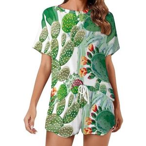 Cactus Met Oranje Bloemen Zachte Womens Pyjama Korte Mouw Pyjama Loungewear met Zakken Gift voor Thuis Strand S