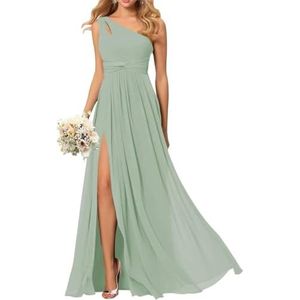 SAMHO Avondjurk met één schouder voor dames, chiffon, bruidsmeisjesjurk met zakken, lang, geplooid, A-lijn, split, Sage Groen, 32