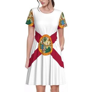 JJPUNGK Vlag van Florida Print Dagelijks Dragen Vrouwen Jurken Casual Zomer Jurk met Korte Mouwen Ronde hals Zakken, Zwart, S