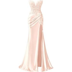 KIYNE Zeemeermin satijnen baljurk voor dames, met kant, appliqué, zijsplit, korset, baljurk voor dames, lange formele jurk, Blush Roze, 32