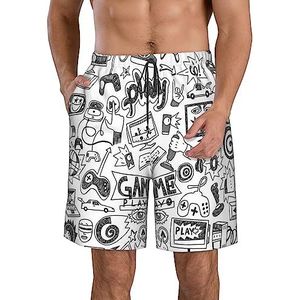 Monochrome schets stijl gaming print heren strandshorts zomer shorts met sneldrogende technologie, lichtgewicht en casual, Wit, L