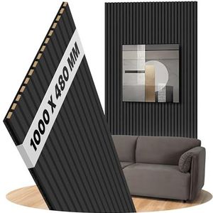 Akoestische panelen eiken zwarte wandpanelen vilt zwart, oppervlak: echt hout formaat: 1000 x 480 mm - akoestische panelen als wandbekleding van hout - lamellenbreedte: 21 mm (eiken zwart)