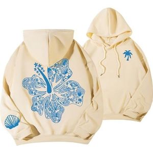 Preppy borduurwerk Hibiscus hoodie for tienermeisjes Dames Leuke oversized hoodies grafische trui top(Beige-3,5XL)