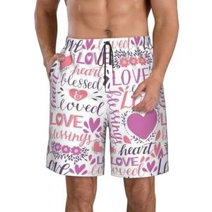 PHTZEZFC Lovely Hearts-print strandshorts voor heren, lichtgewicht, sneldrogend, zwembroek met trekkoord en zakken, Wit, S